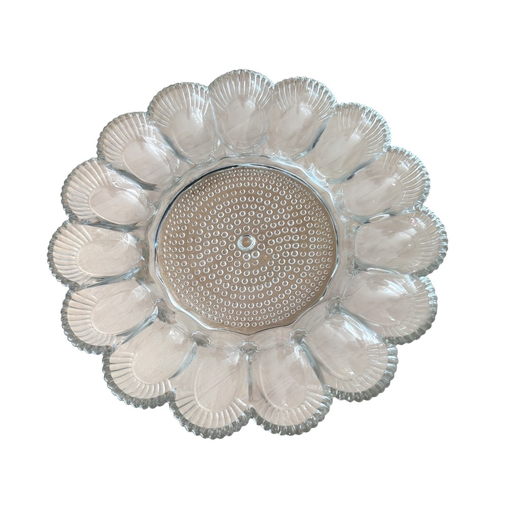 Vintage Clear Glass Hobnail Scalloped Edge Deviled Egg Platter Tray 11 Inch